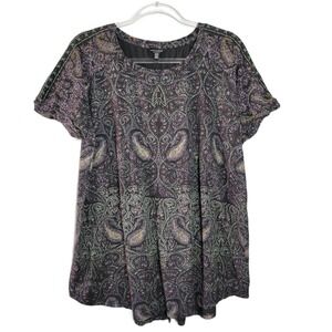 Lucky Brand Paisley Print Tunic Top Women's Plus Size 2X Slit Back Black Purple